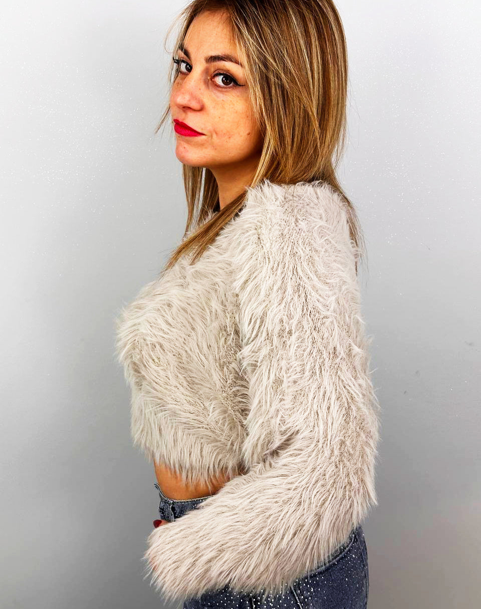 Maglia Corta Effetto Peluche Beige