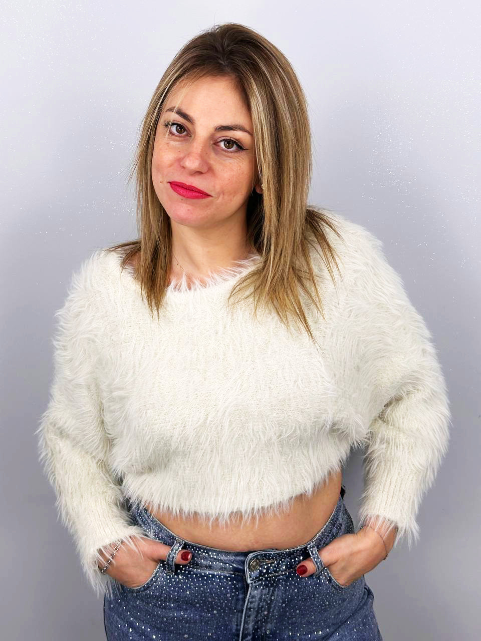 Maglia Corta Effetto Peluche Bianco