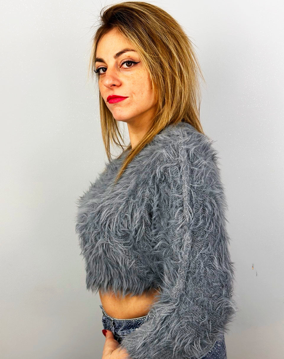 Maglia Corta Effetto Peluche Grigia