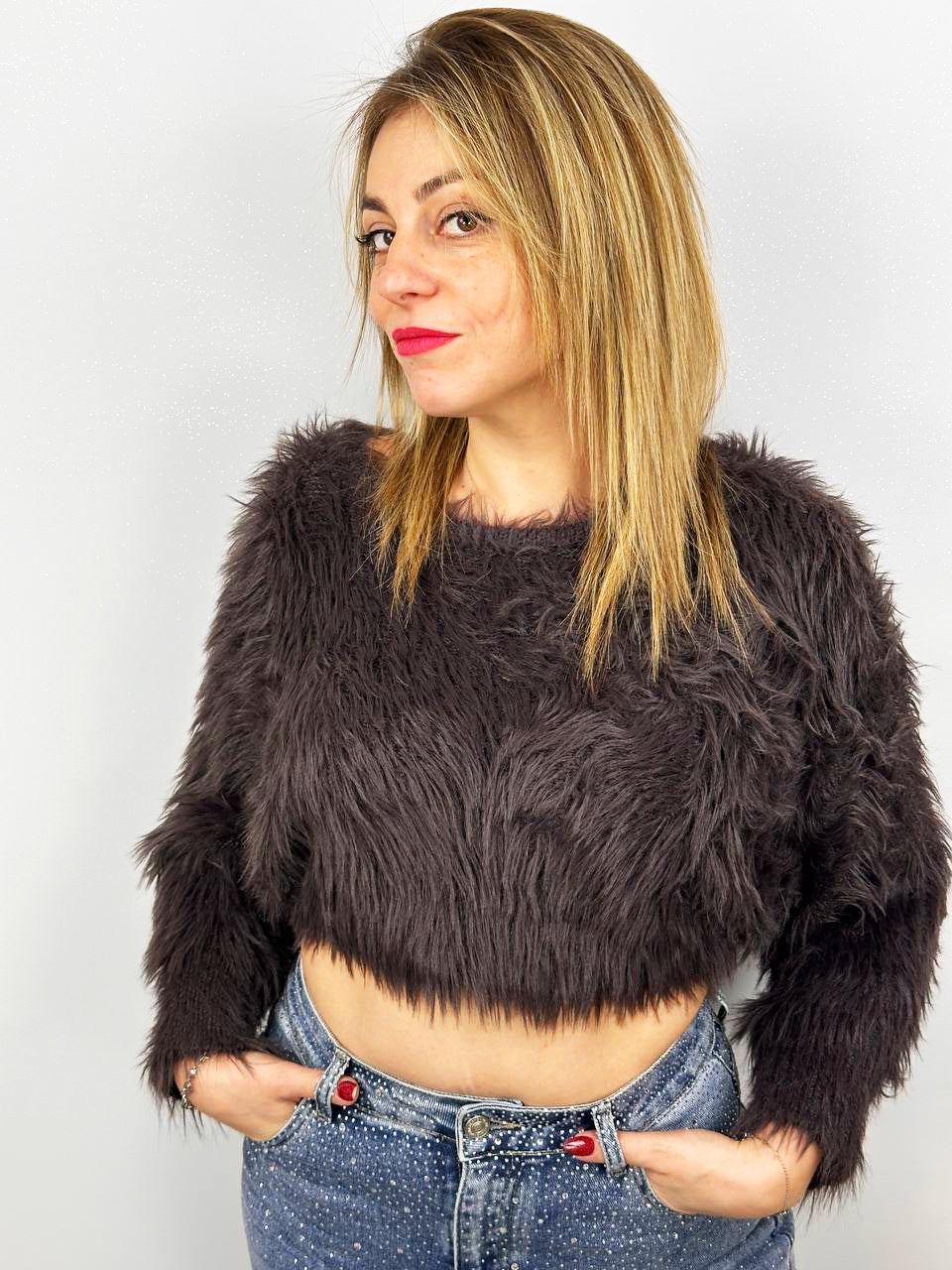 Maglia Corta Effetto Peluche Marrone