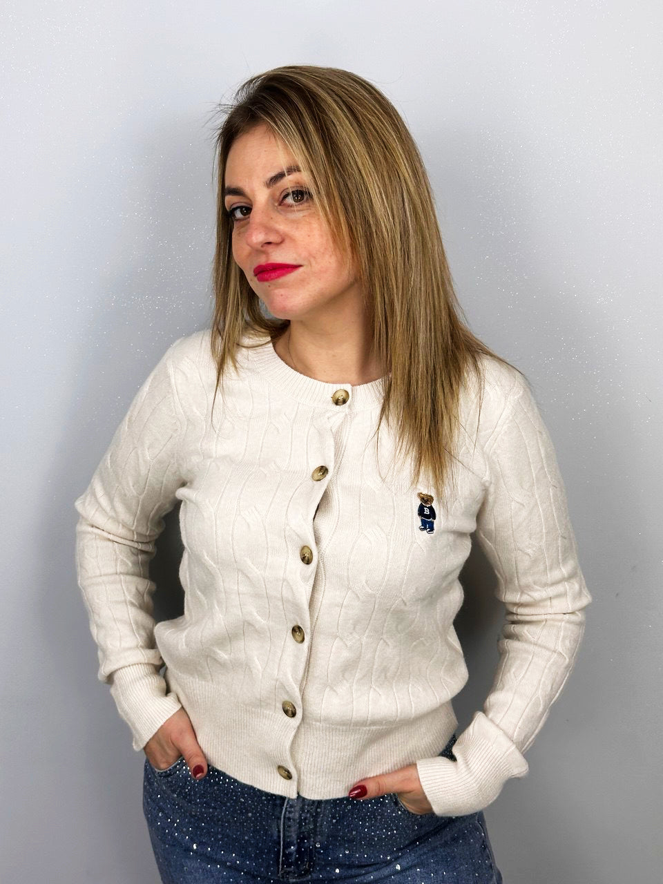 Cardigan College con dettaglio teddy Panna