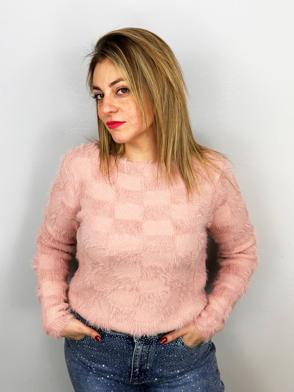 Maglioncino Effetto Pelo Rosa a Quadretti