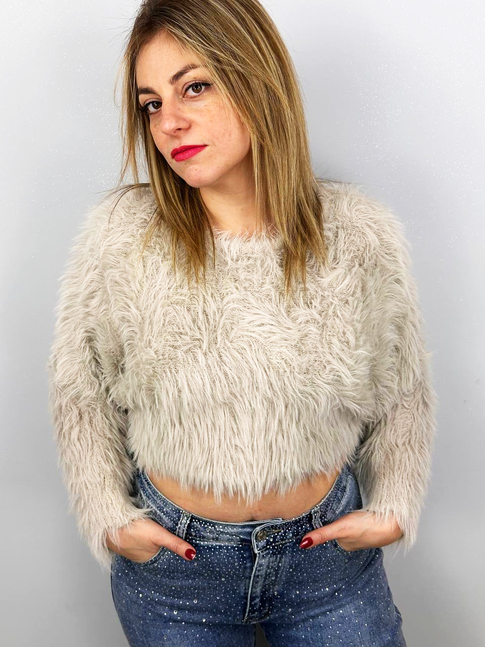 Maglia Corta Effetto Peluche Beige