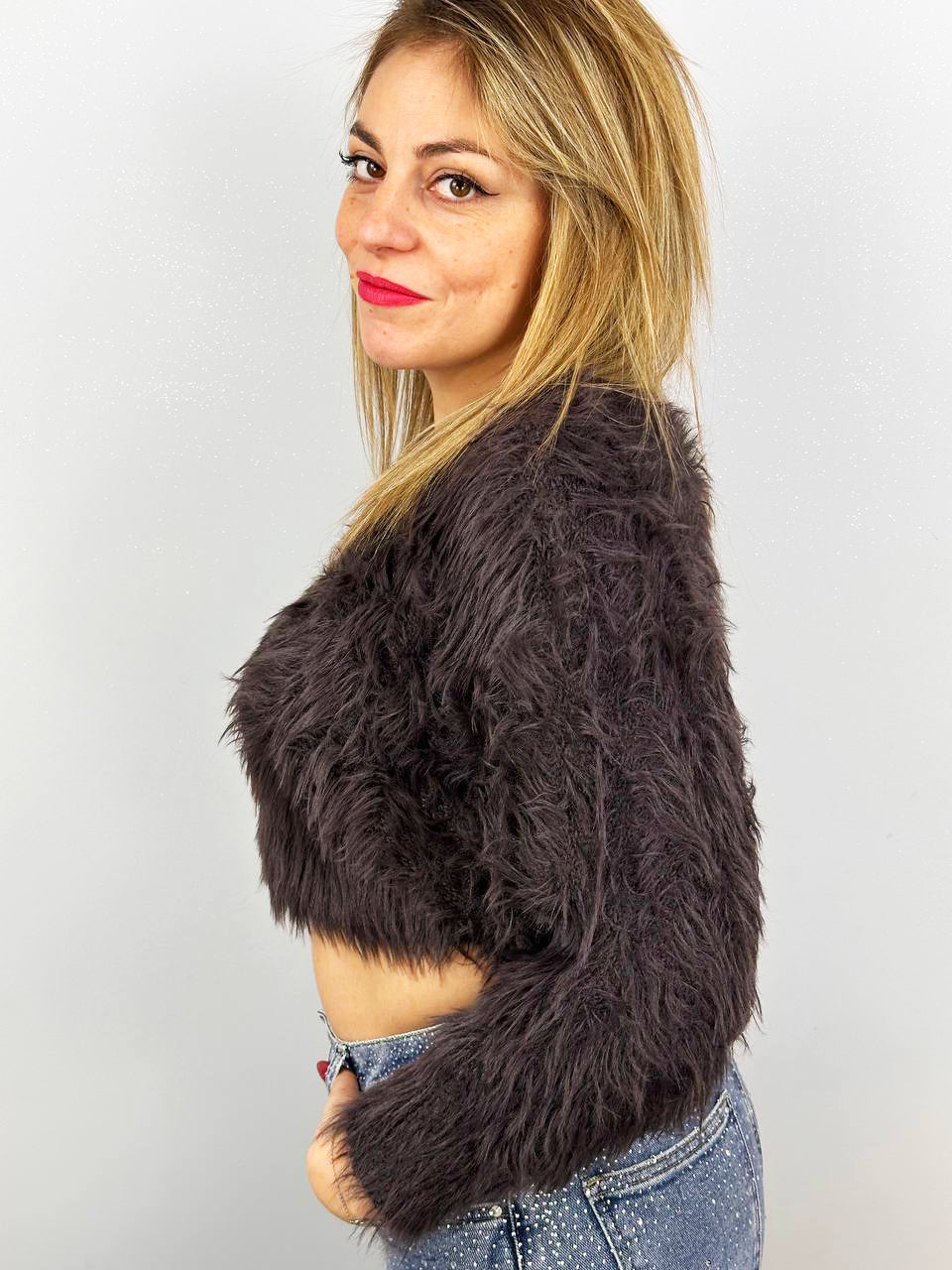 Maglia Corta Effetto Peluche Marrone