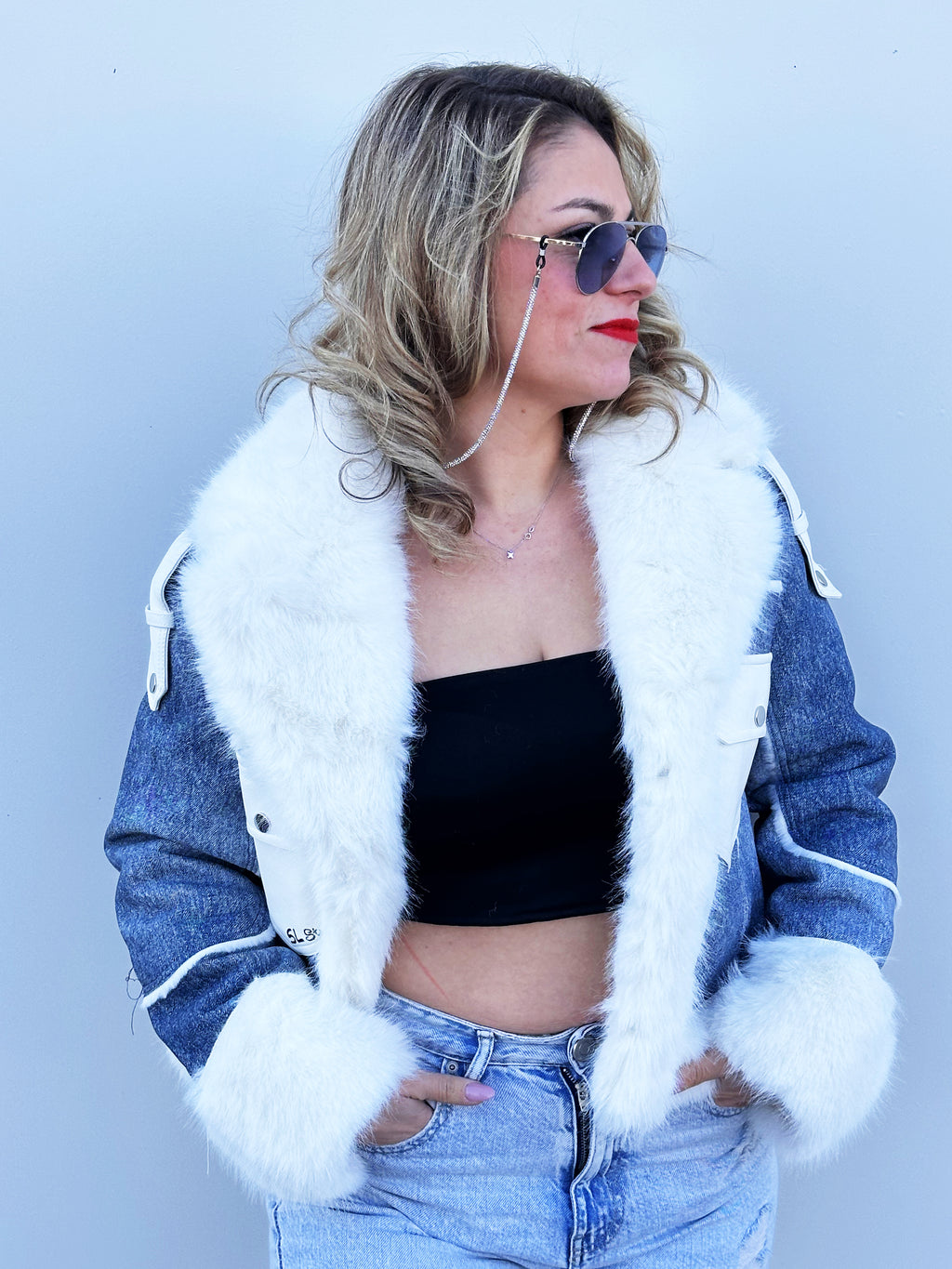 Giubotto In Denim Con Pelliccia Jeans Blu