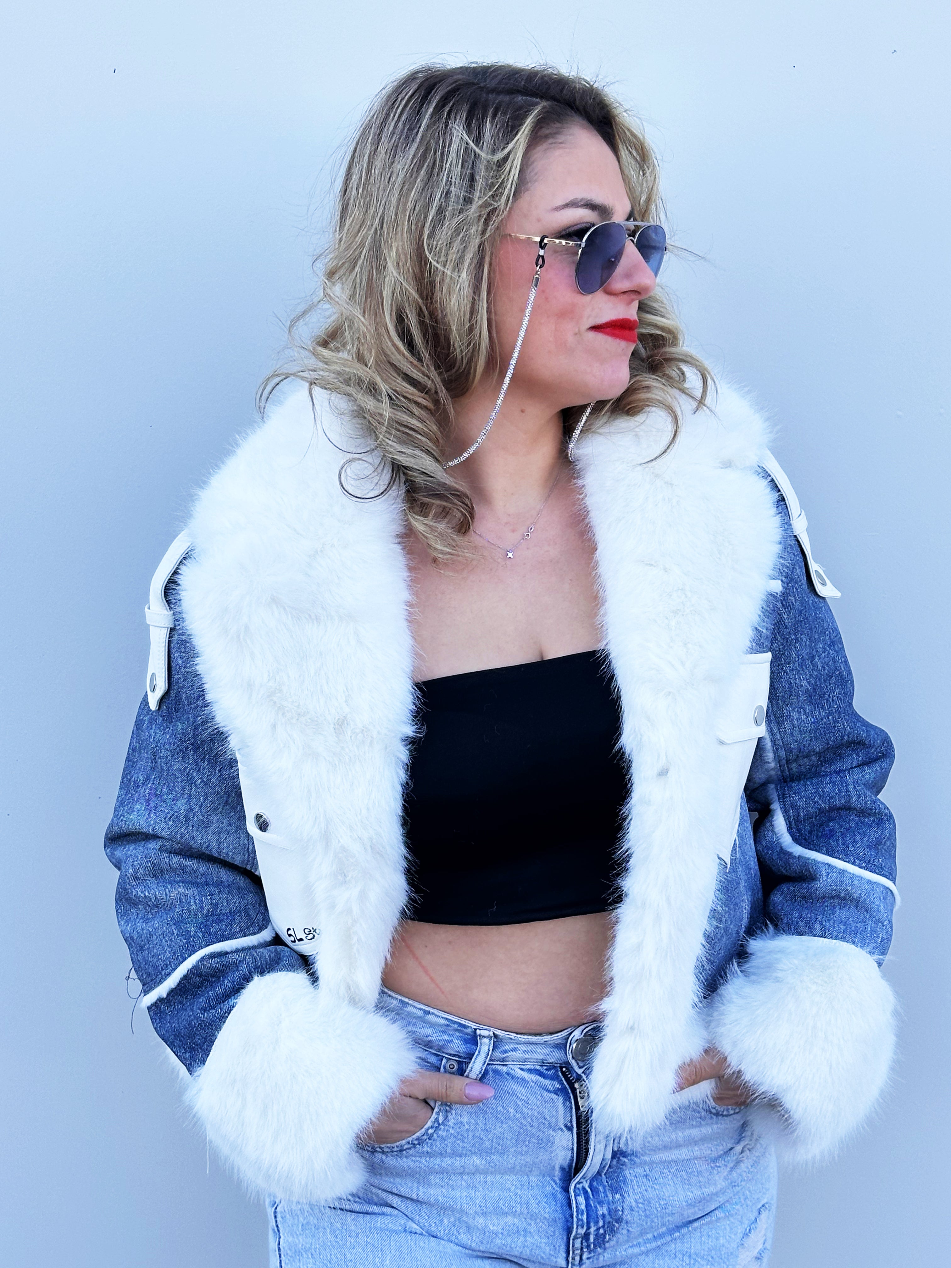 Giubotto In Denim Con Pelliccia Jeans Blu