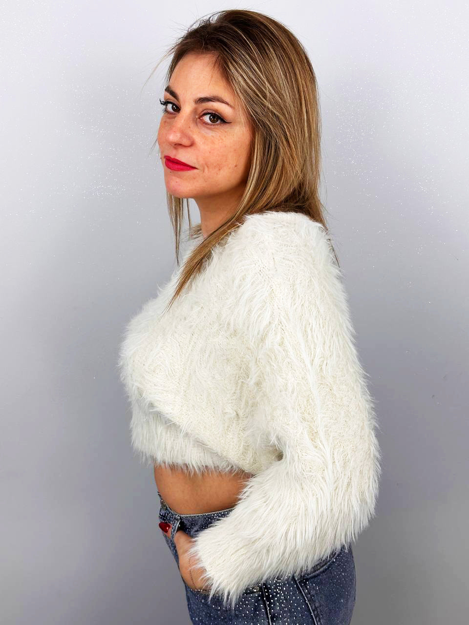 Maglia Corta Effetto Peluche Bianco