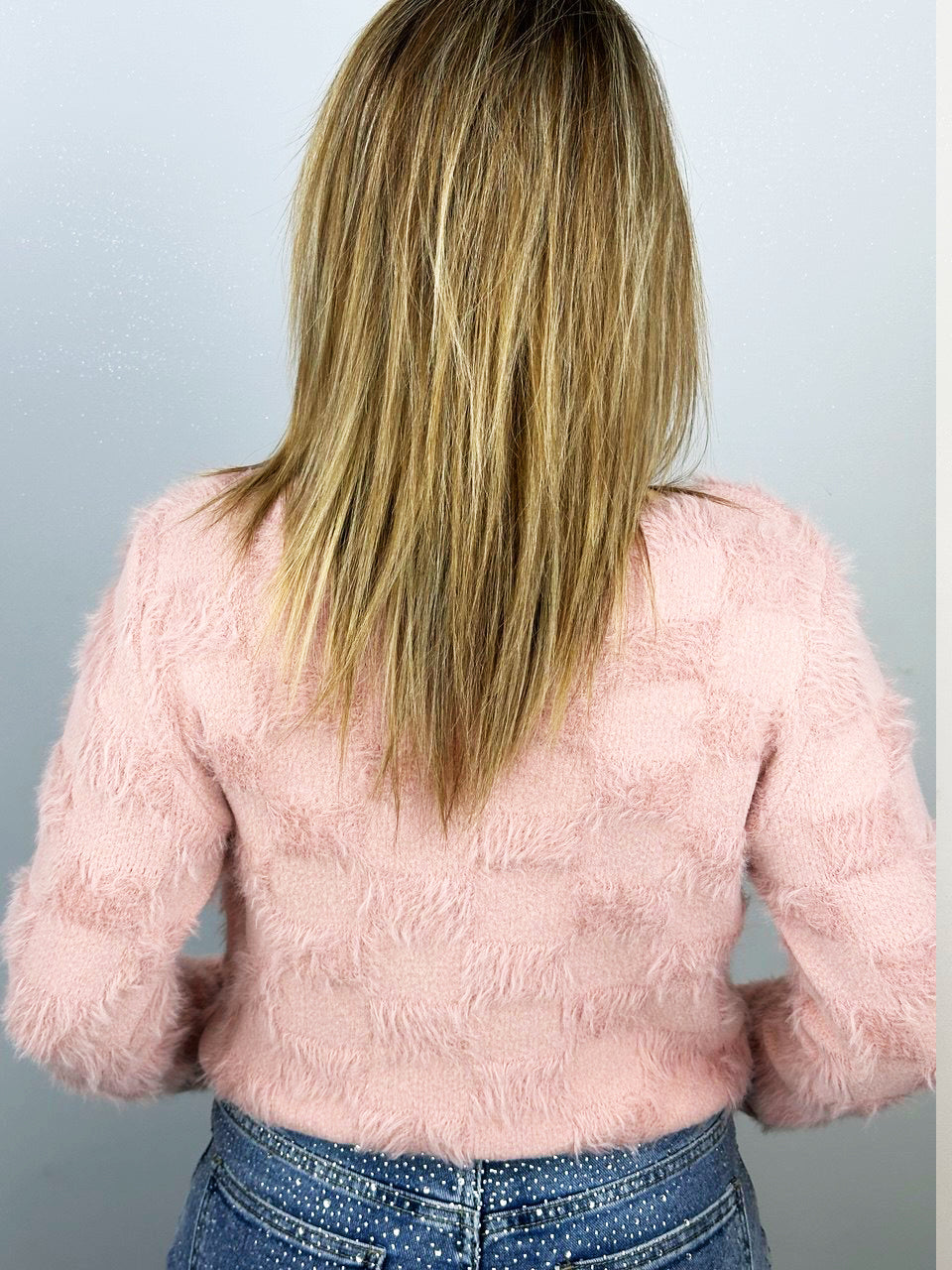 Maglioncino Effetto Pelo Rosa a Quadretti