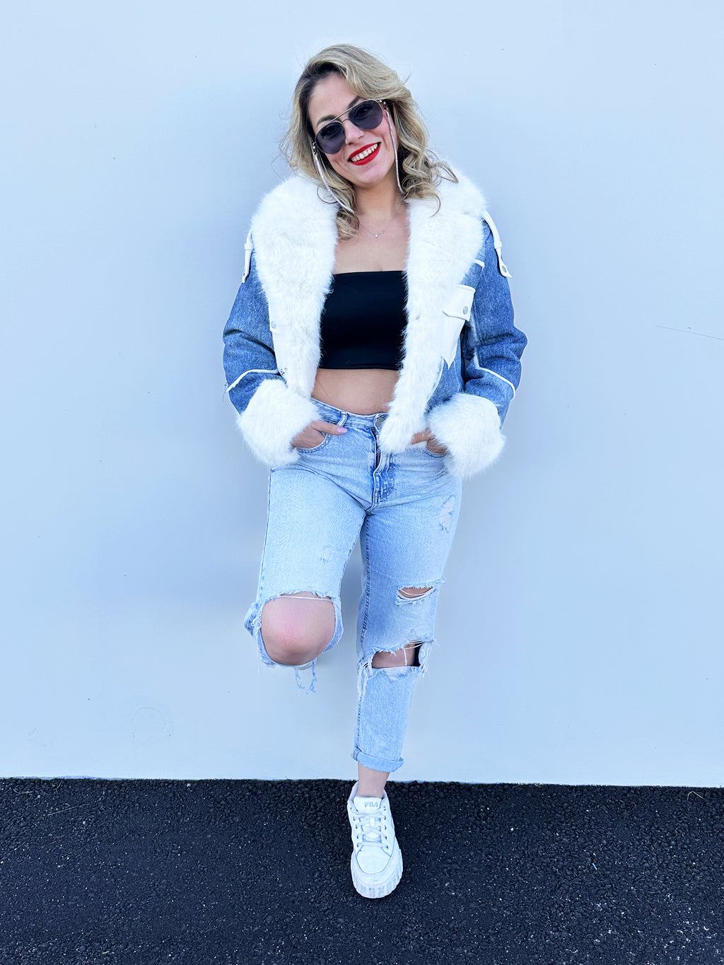 Giubotto In Denim Con Pelliccia Jeans Blu