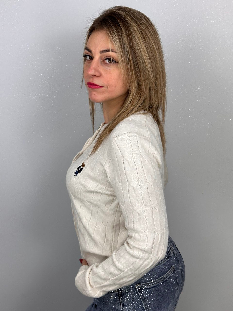 Cardigan College con dettaglio teddy Panna