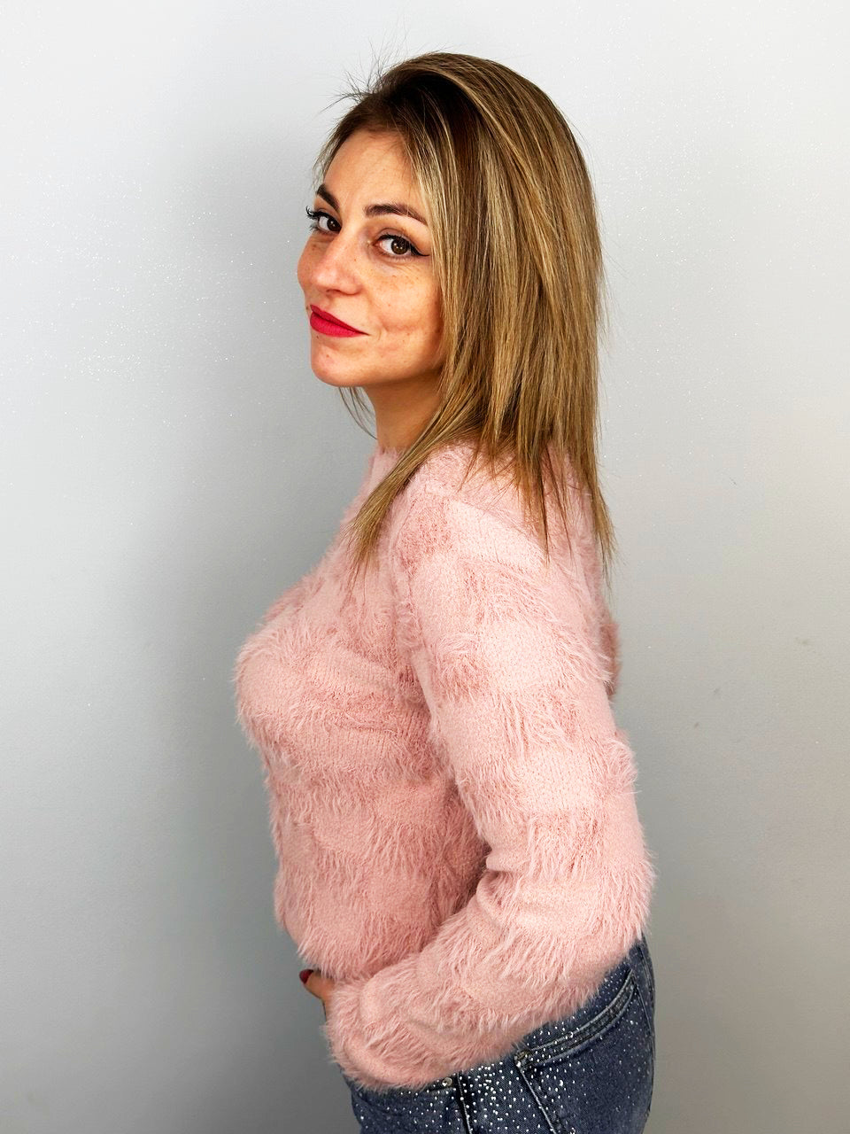 Maglioncino Effetto Pelo Rosa a Quadretti