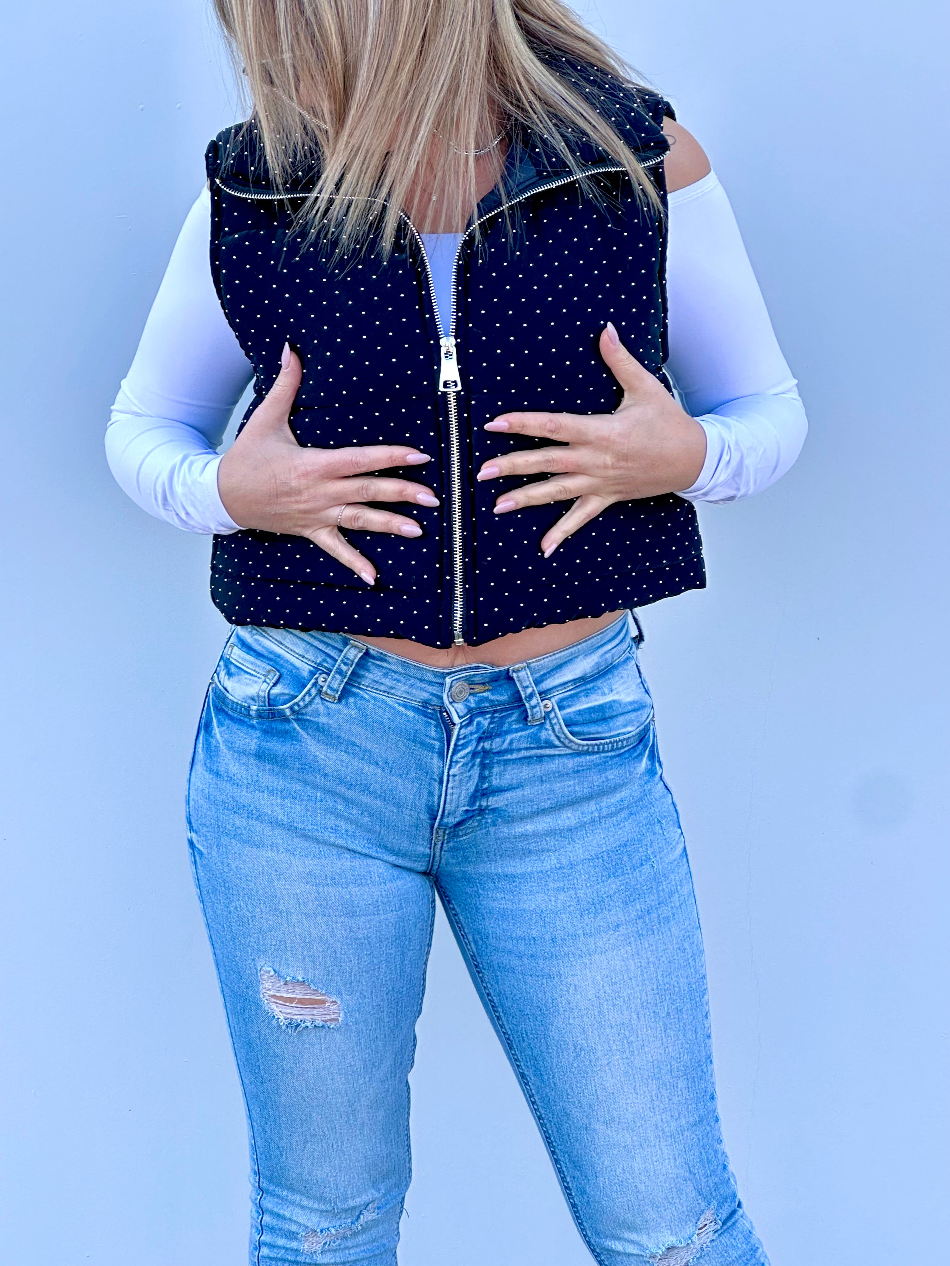 Gilet Imbottito Nero con Micro-Diamantini