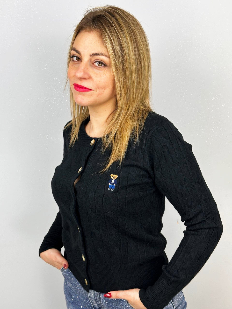 Cardigan College con dettaglio teddy Panna (Copia)