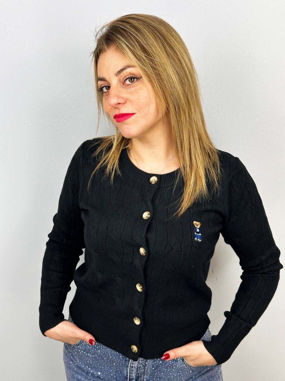 Cardigan College con dettaglio teddy Panna (Copia)