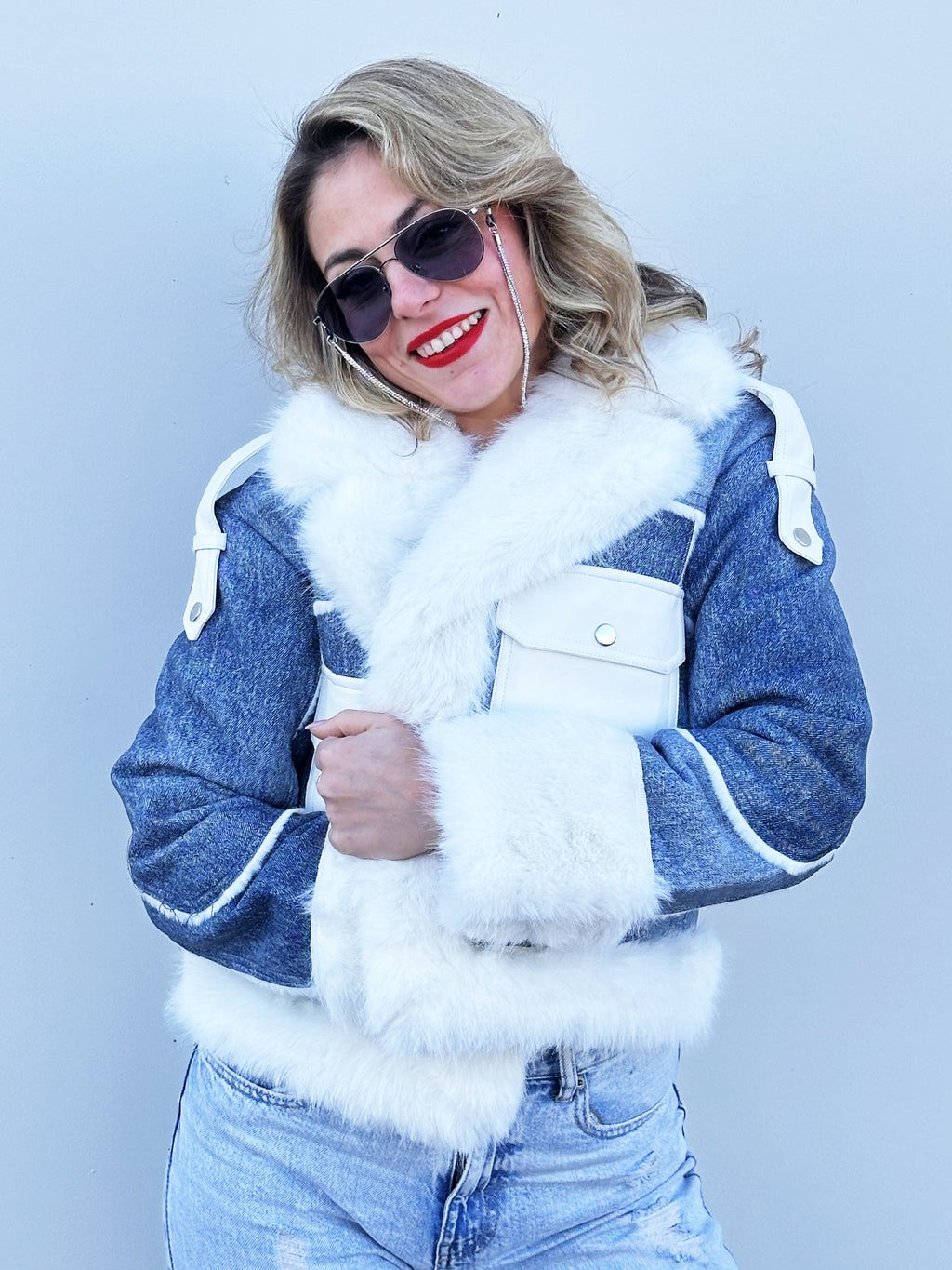 Giubotto In Denim Con Pelliccia Jeans Blu