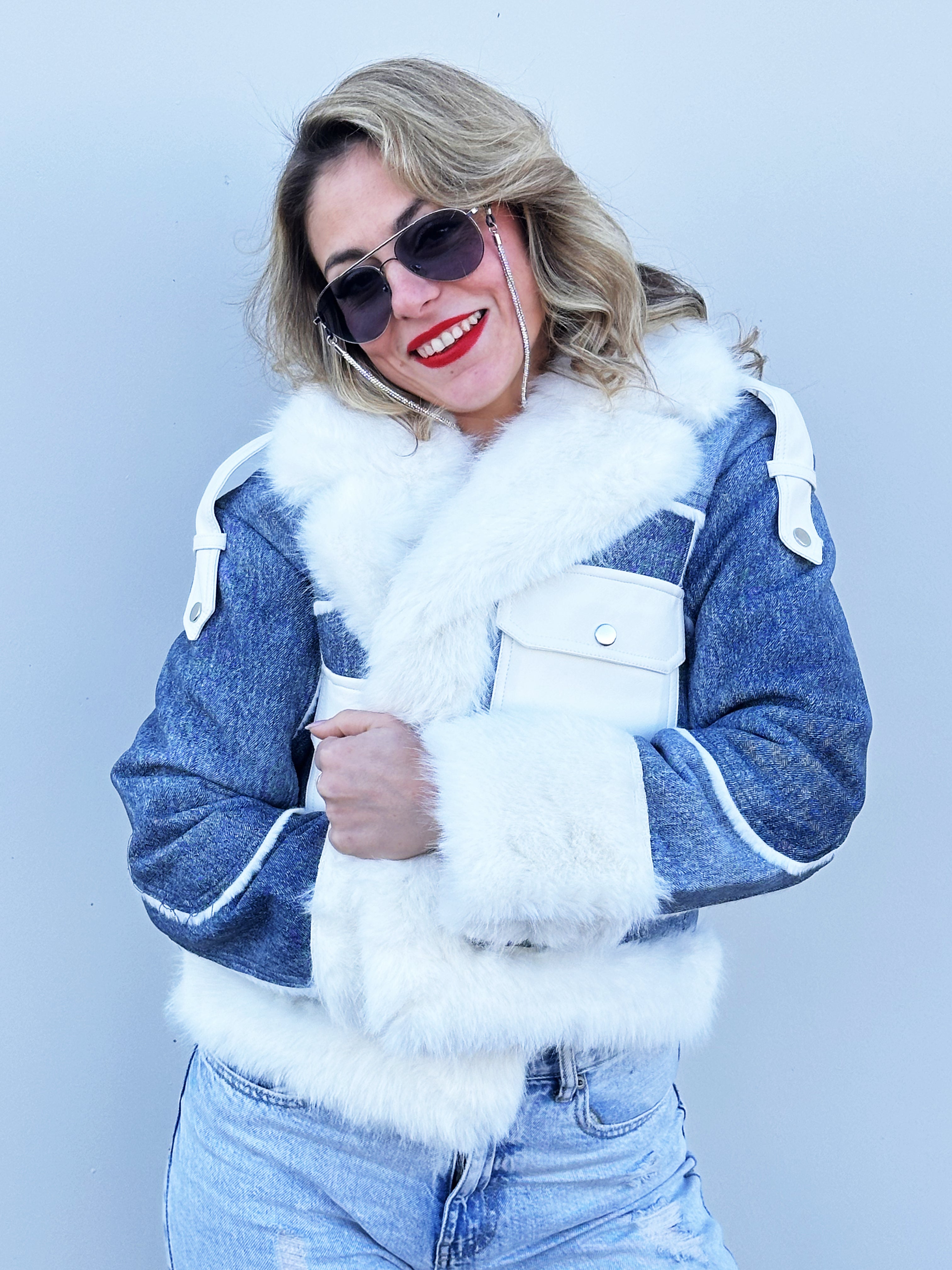 Giubotto In Denim Con Pelliccia Jeans Blu