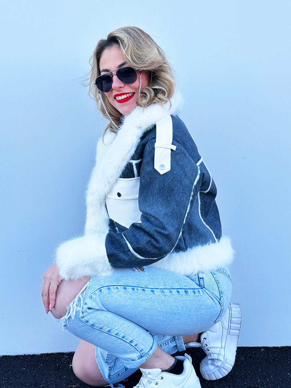 Giubotto In Denim Con Pelliccia jeans scuro