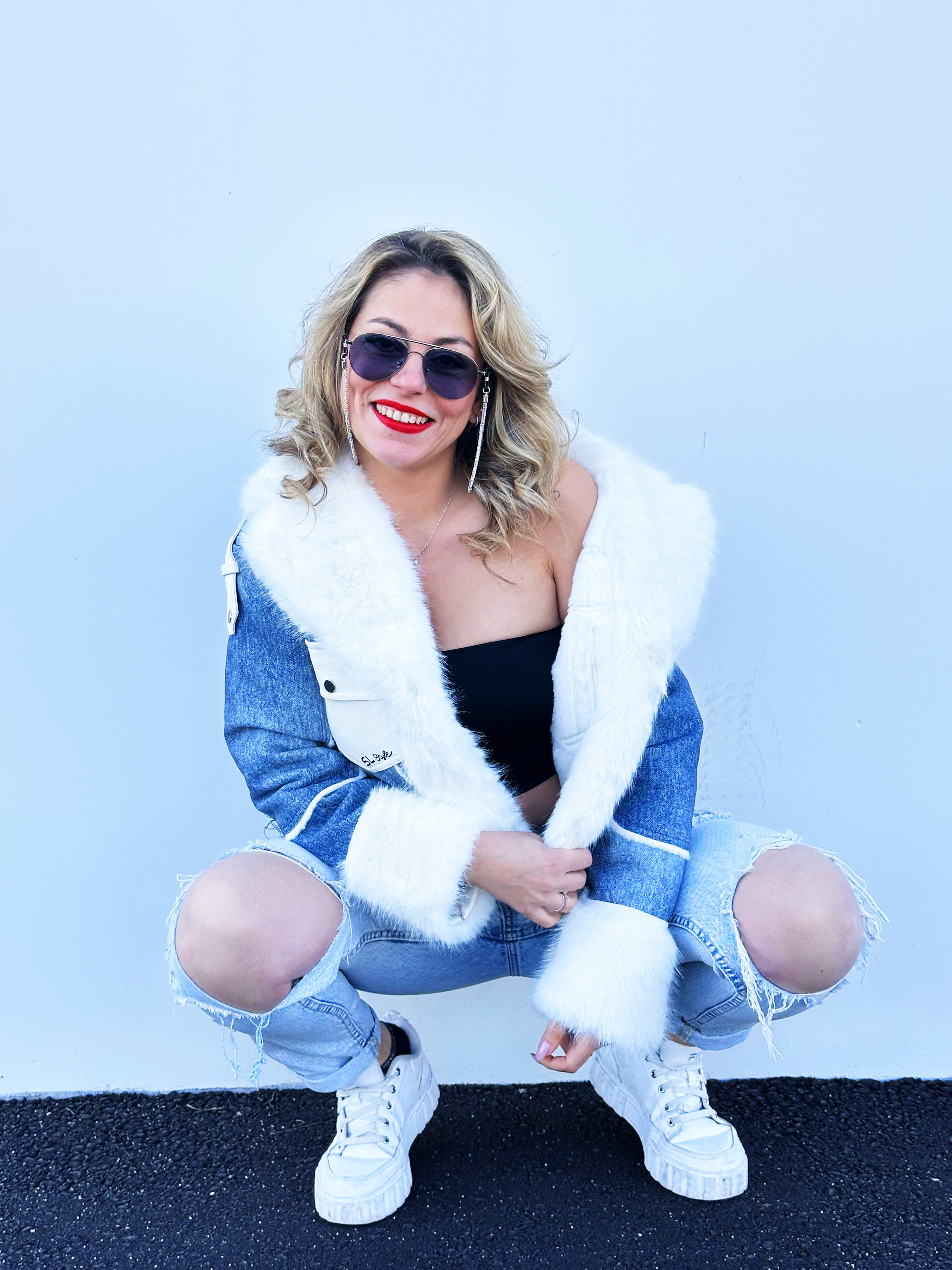 Giubotto In Denim Con Pelliccia Jeans Blu