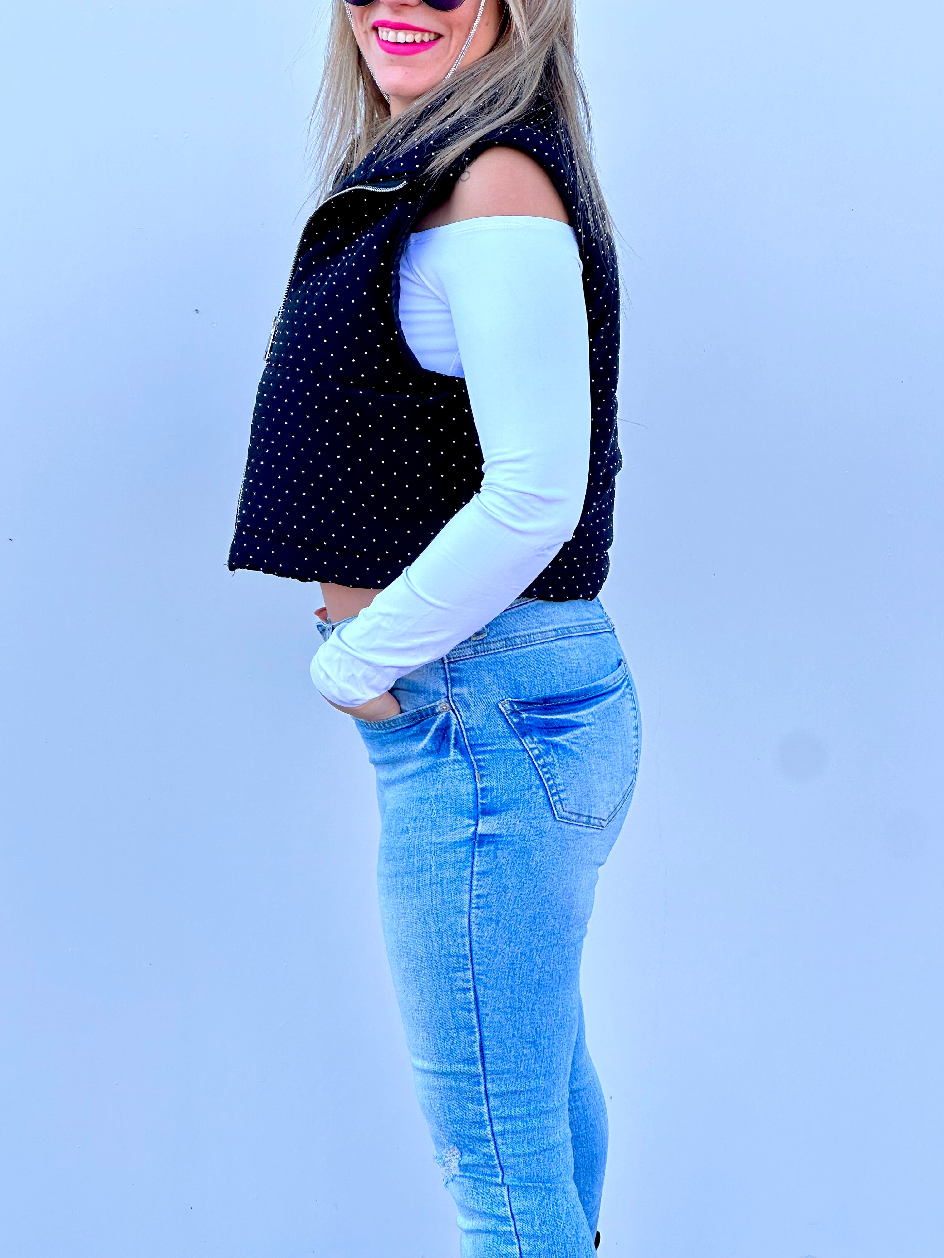 Gilet Imbottito Nero con Micro-Diamantini