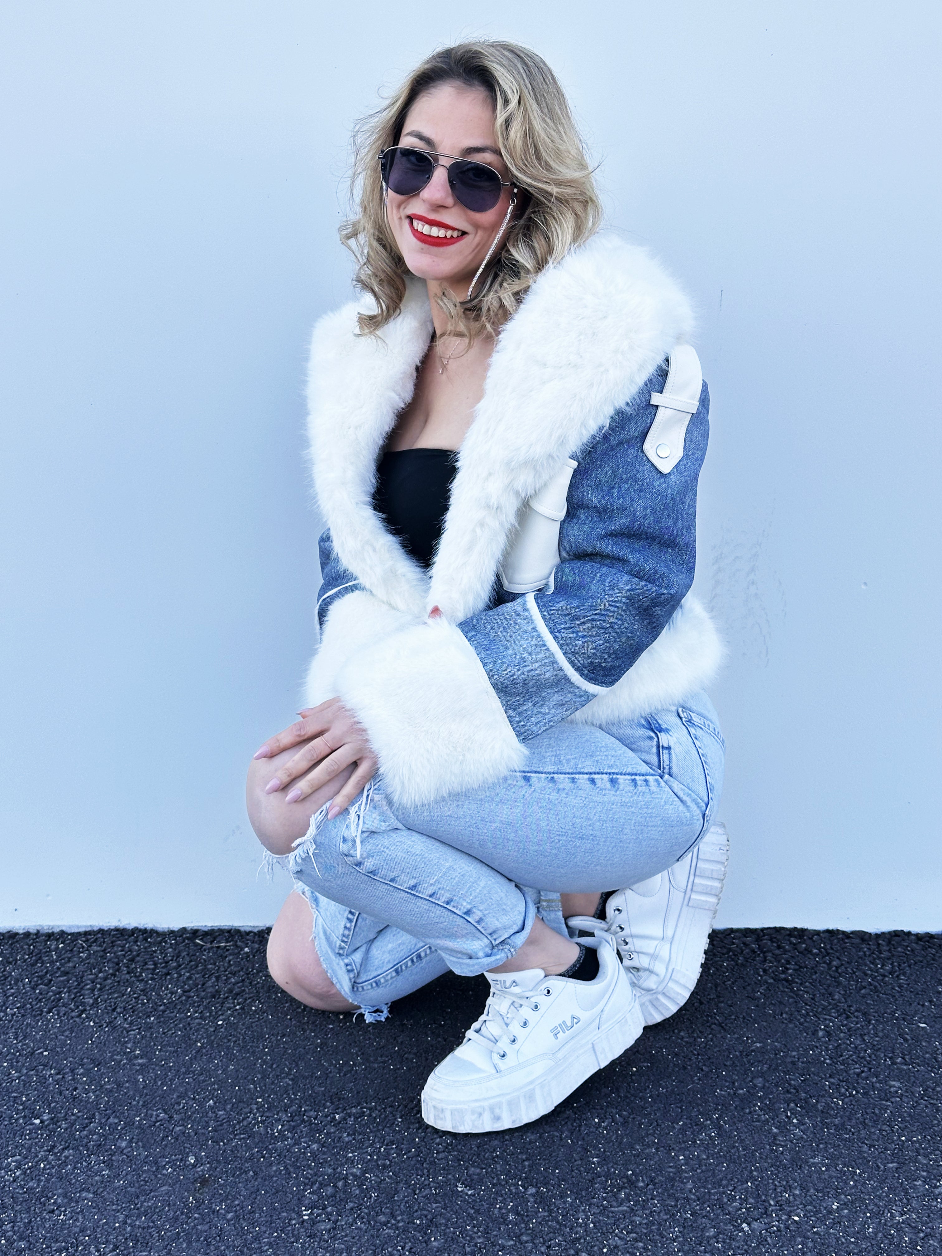 Giubotto In Denim Con Pelliccia Jeans Blu