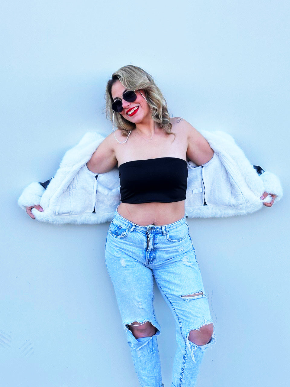 Giubotto In Denim Con Pelliccia jeans scuro