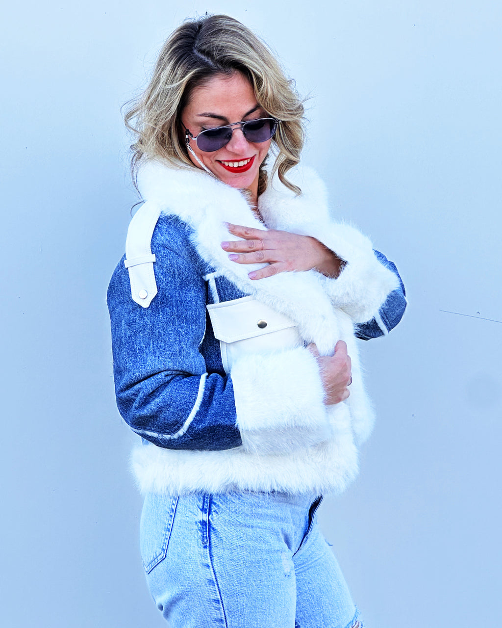 Giubotto In Denim Con Pelliccia Jeans Blu