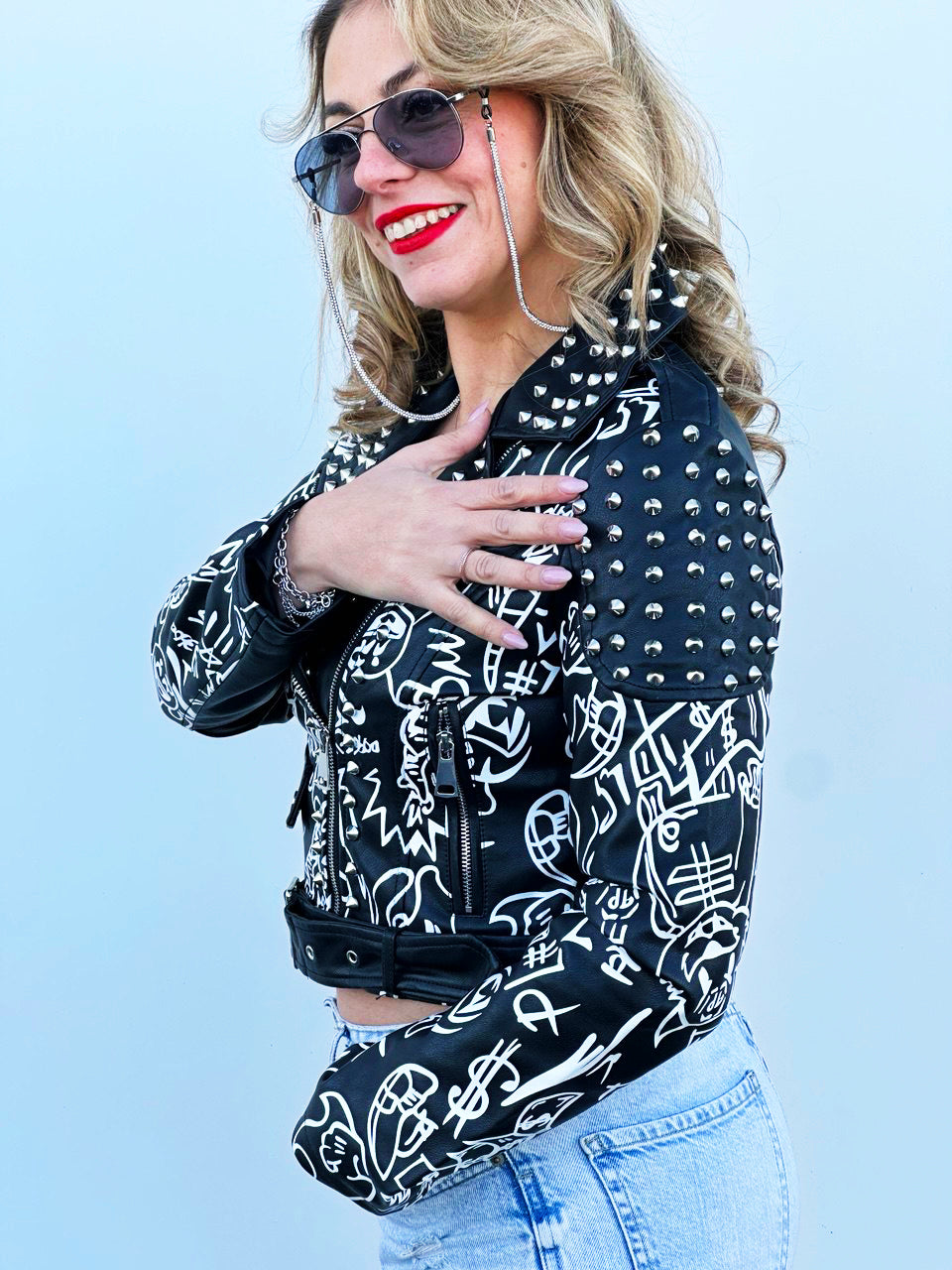 Giubotto In Pelle Stampata Con Borchie