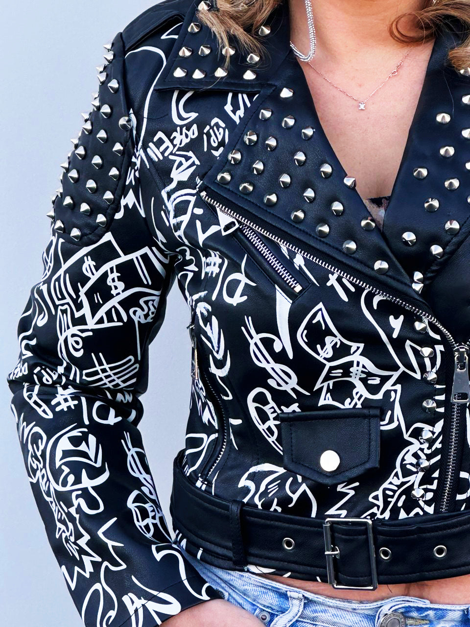Giubotto In Pelle Stampata Con Borchie