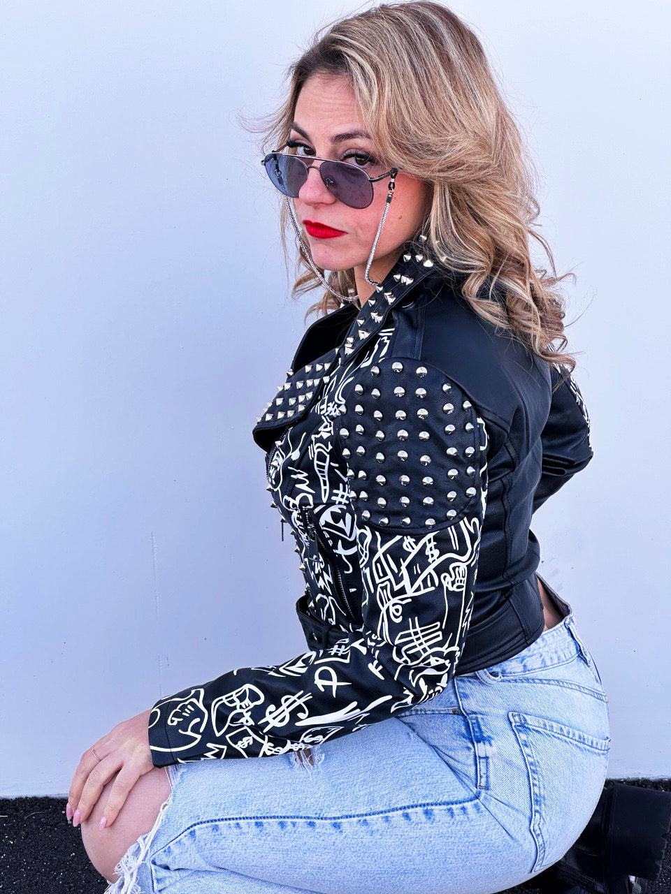 Giubotto In Pelle Stampata Con Borchie